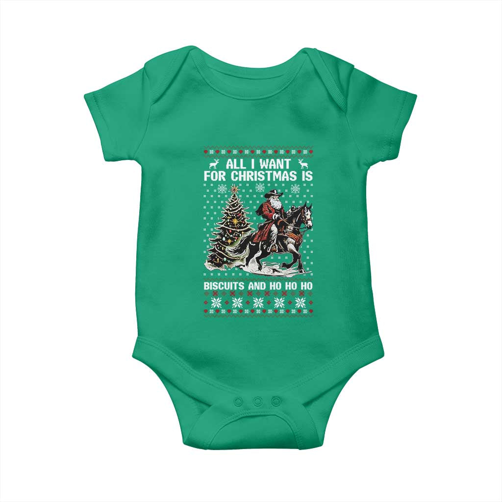 Funny Western Christmas Cowboy Santa Baby Onesie All I Want for Christmas Is Biscuits and Ho Ho Ho - Wonder Print Shop