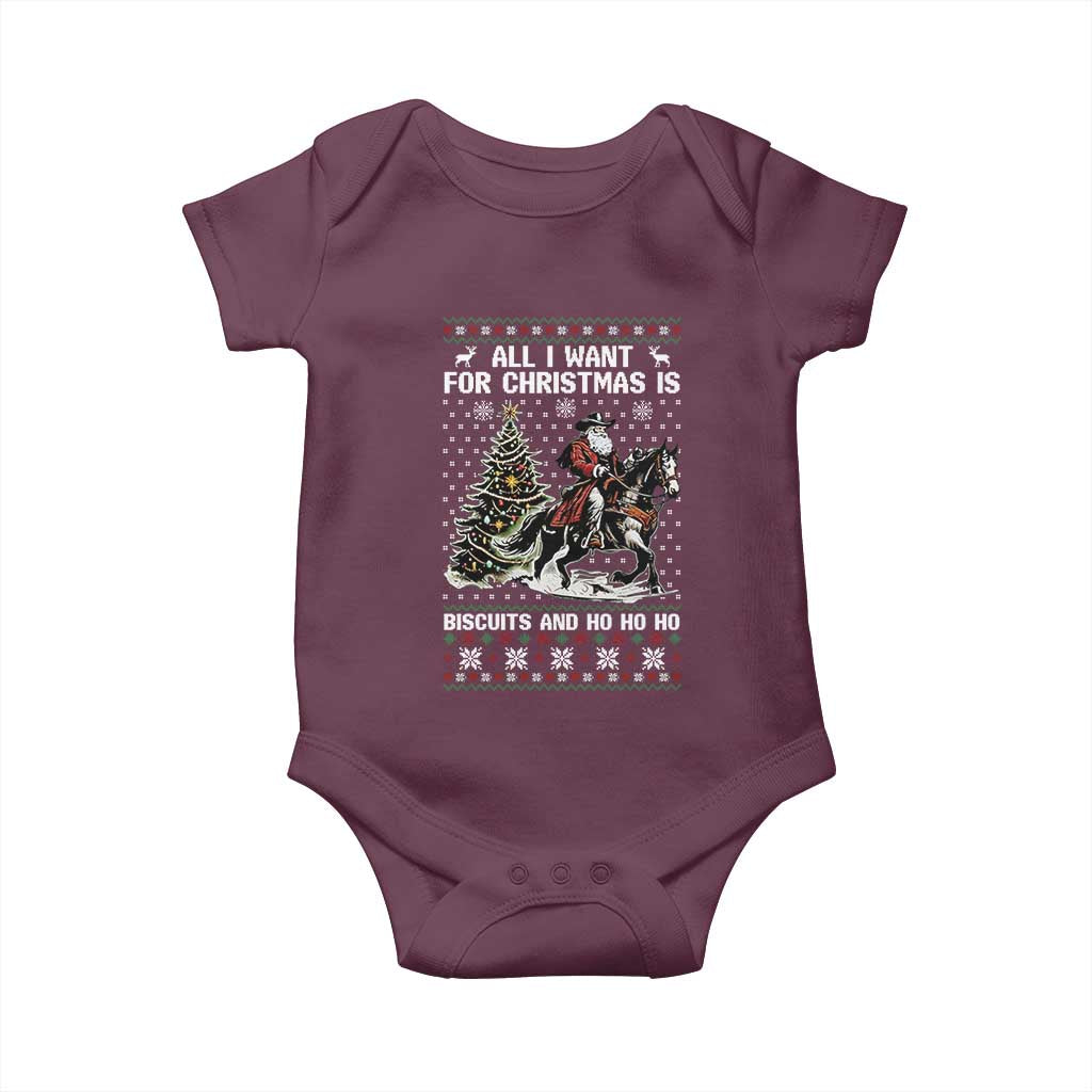 Funny Western Christmas Cowboy Santa Baby Onesie All I Want for Christmas Is Biscuits and Ho Ho Ho - Wonder Print Shop