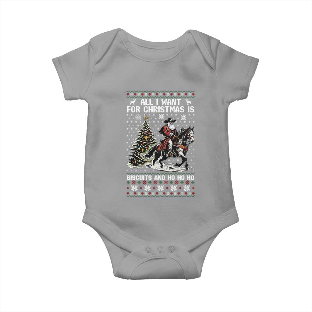 Funny Western Christmas Cowboy Santa Baby Onesie All I Want for Christmas Is Biscuits and Ho Ho Ho - Wonder Print Shop