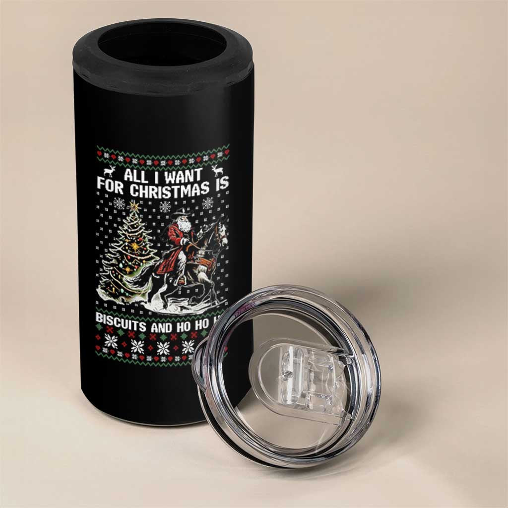 Funny Western Christmas Cowboy Santa 4 in 1 Can Cooler Tumbler All I Want for Christmas Is Biscuits and Ho Ho Ho - Wonder Print Shop