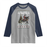 Funny Western Christmas Cowboy Santa Raglan Shirt All I Want for Christmas Is Biscuits and Ho Ho Ho - Wonder Print Shop