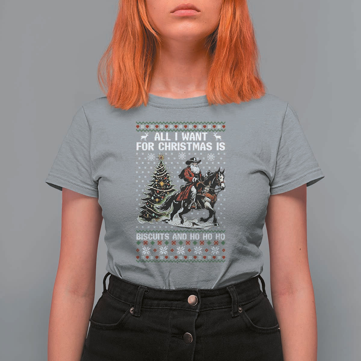 Funny Western Christmas Cowboy Santa T Shirt For Women All I Want for Christmas Is Biscuits and Ho Ho Ho - Wonder Print Shop