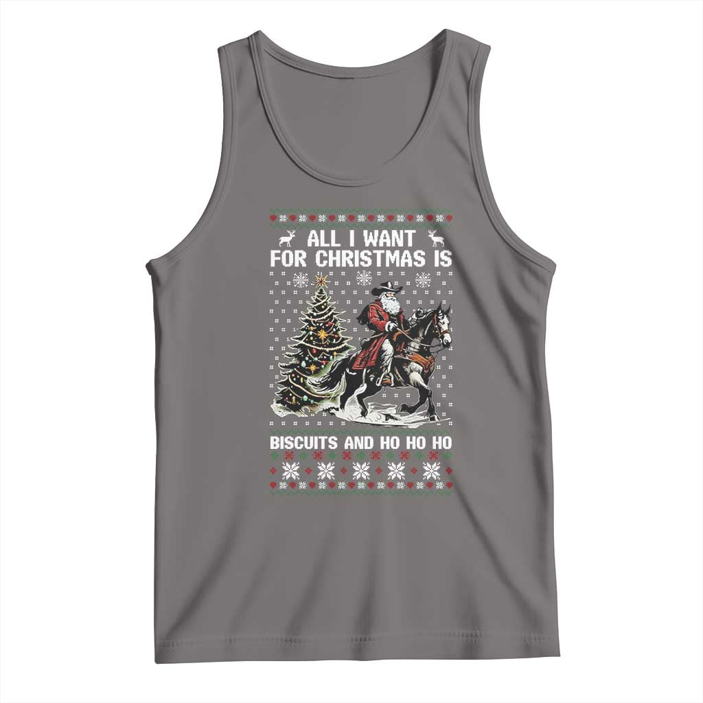 Funny Western Christmas Cowboy Santa Tank Top All I Want for Christmas Is Biscuits and Ho Ho Ho - Wonder Print Shop