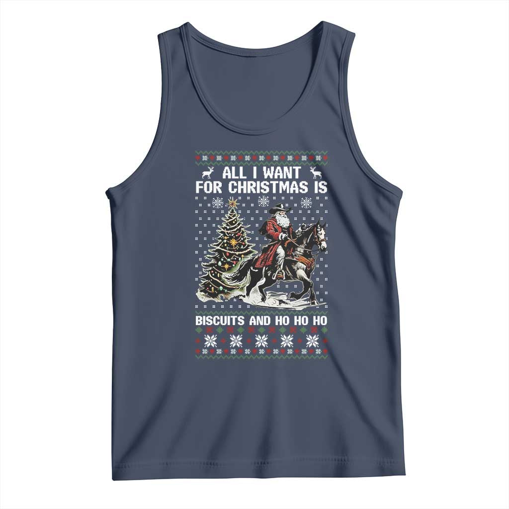 Funny Western Christmas Cowboy Santa Tank Top All I Want for Christmas Is Biscuits and Ho Ho Ho - Wonder Print Shop