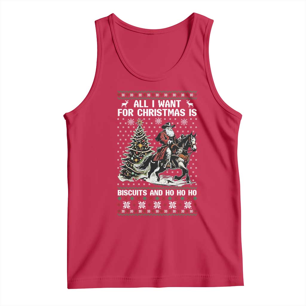 Funny Western Christmas Cowboy Santa Tank Top All I Want for Christmas Is Biscuits and Ho Ho Ho - Wonder Print Shop