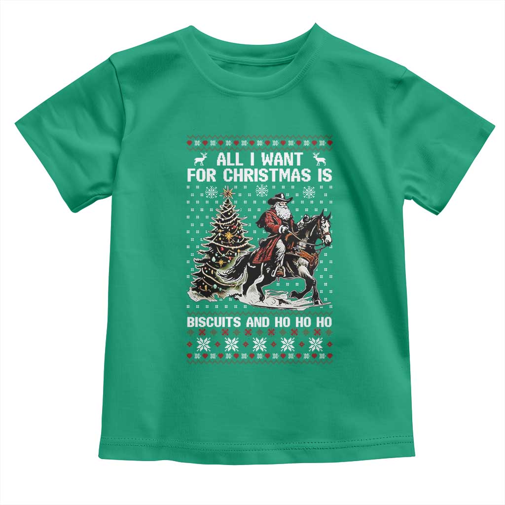Funny Western Christmas Cowboy Santa Toddler T Shirt All I Want for Christmas Is Biscuits and Ho Ho Ho - Wonder Print Shop