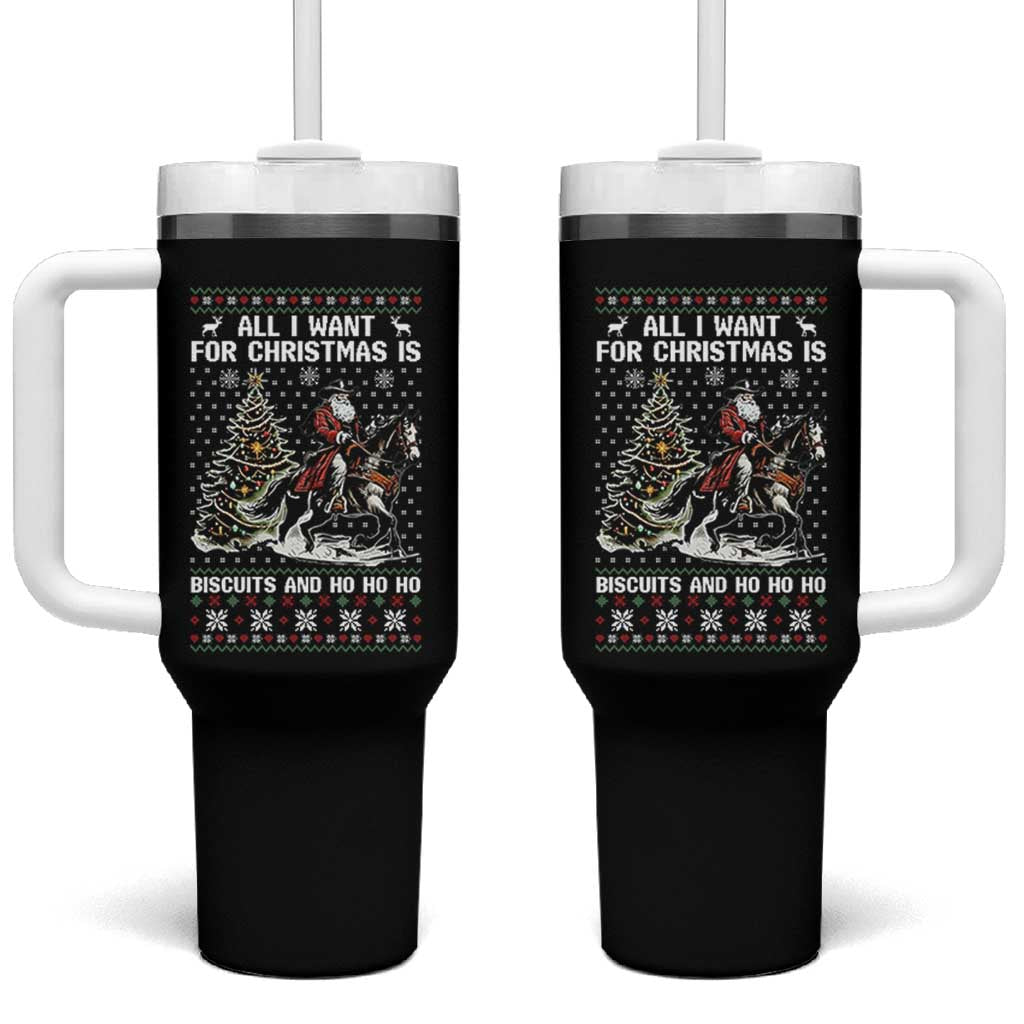 Funny Western Christmas Cowboy Santa Tumbler With Handle All I Want for Christmas Is Biscuits and Ho Ho Ho - Wonder Print Shop