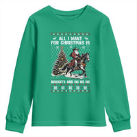 Funny Western Christmas Cowboy Santa Youth Sweatshirt All I Want for Christmas Is Biscuits and Ho Ho Ho - Wonder Print Shop