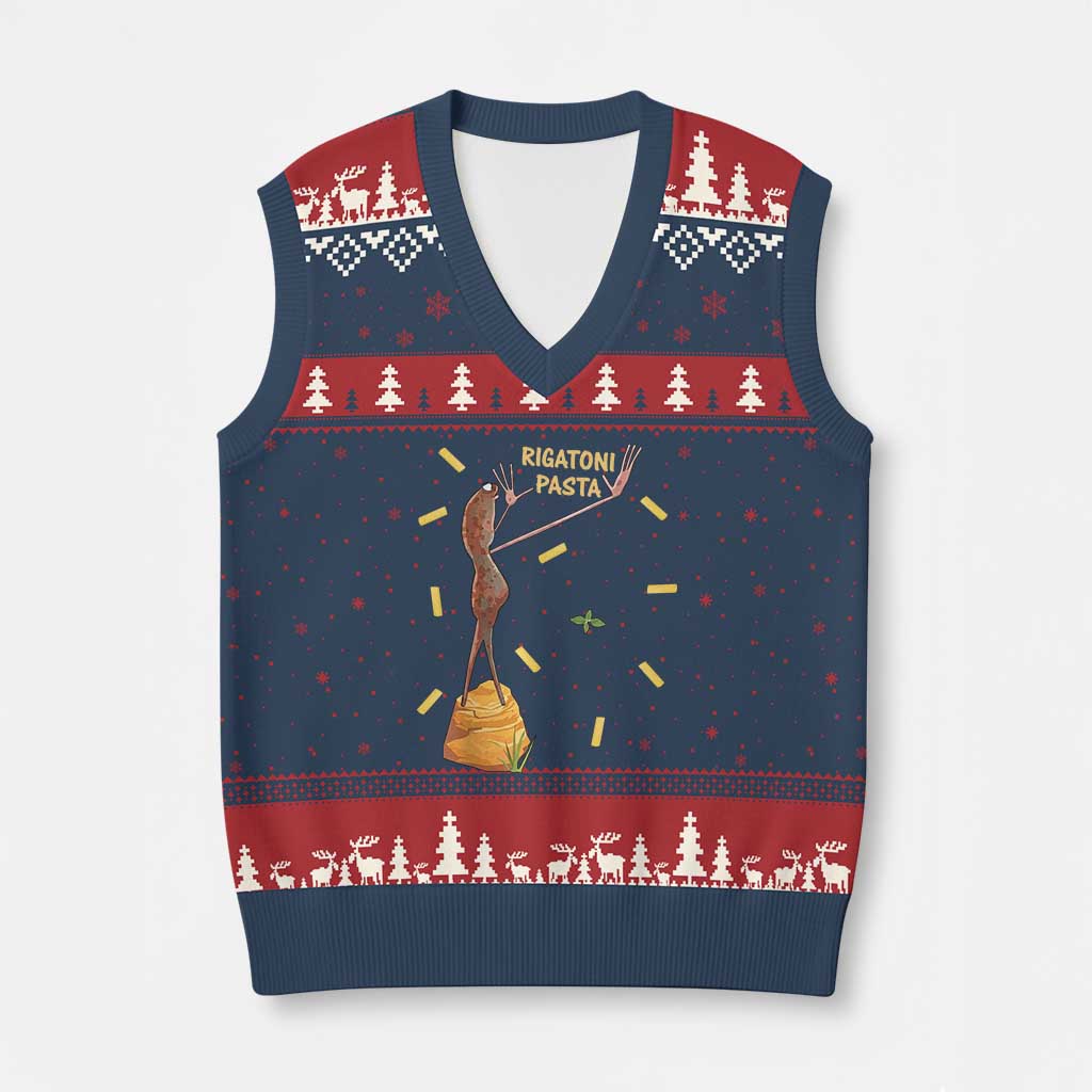 Funny Rigatoni Pasta Marcus The Worm V-Neck Knit Sweater Vest Dramatic Pasta Lover Foodie Meme - Wonder Print Shop