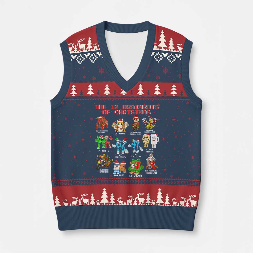 The 12 Brainrots of Xmas V-Neck Knit Sweater Vest Funny Cursed Meme Holiday Gag Gift - Wonder Print Shop