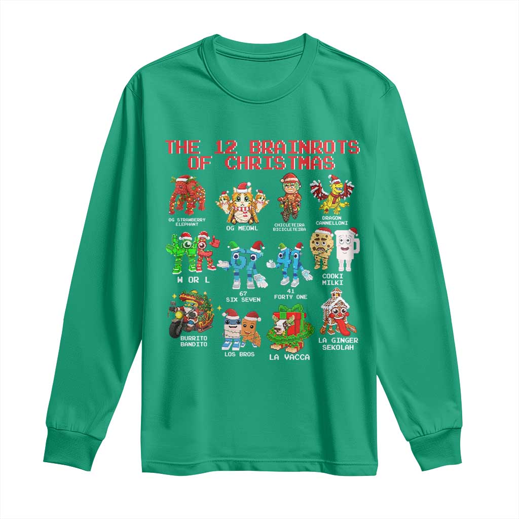 The 12 Brainrots of Christmas Long Sleeve Shirt Funny Cursed Meme Holiday Gag Gift - Wonder Print Shop