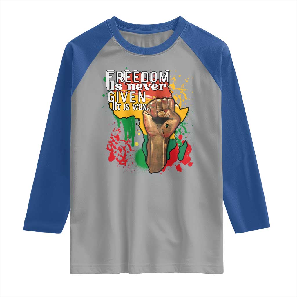 Black History Month Raglan Shirt Freedom Is Never Given It Is Won Equal Rights Raised Fist