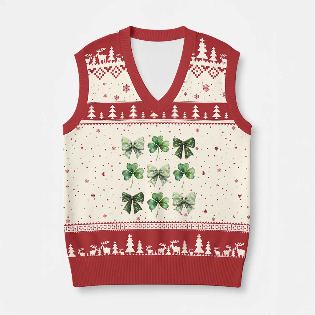 St Patricks Day Coquette Bow V-Neck Knit Sweater Vest Lucky Shamrock Aesthetic - Wonder Print Shop