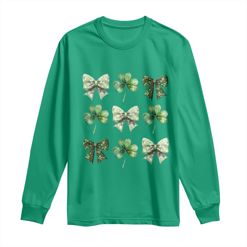 St Patricks Day Coquette Bow Long Sleeve Shirt Lucky Shamrock Aesthetic