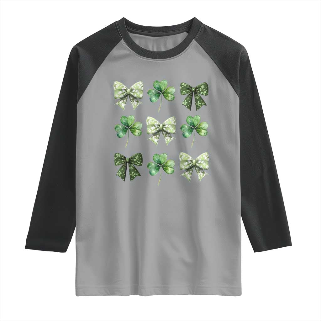 St Patricks Day Coquette Bow Raglan Shirt Lucky Shamrock Aesthetic