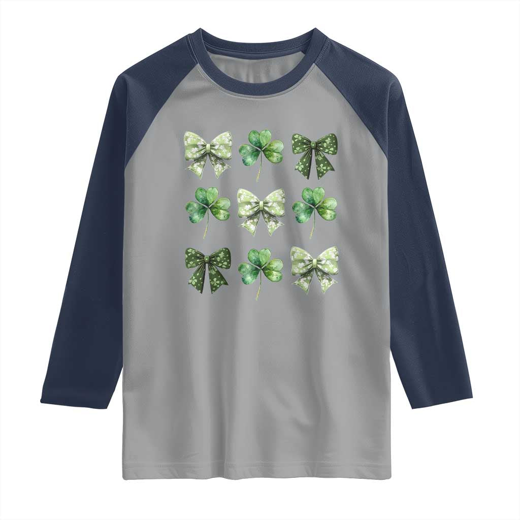 St Patricks Day Coquette Bow Raglan Shirt Lucky Shamrock Aesthetic