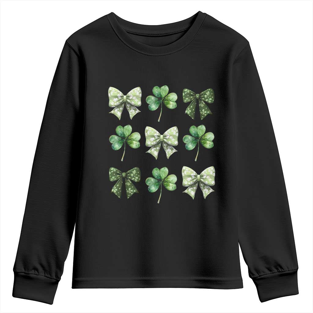 St Patricks Day Coquette Bow Youth Sweatshirt Lucky Shamrock Aesthetic