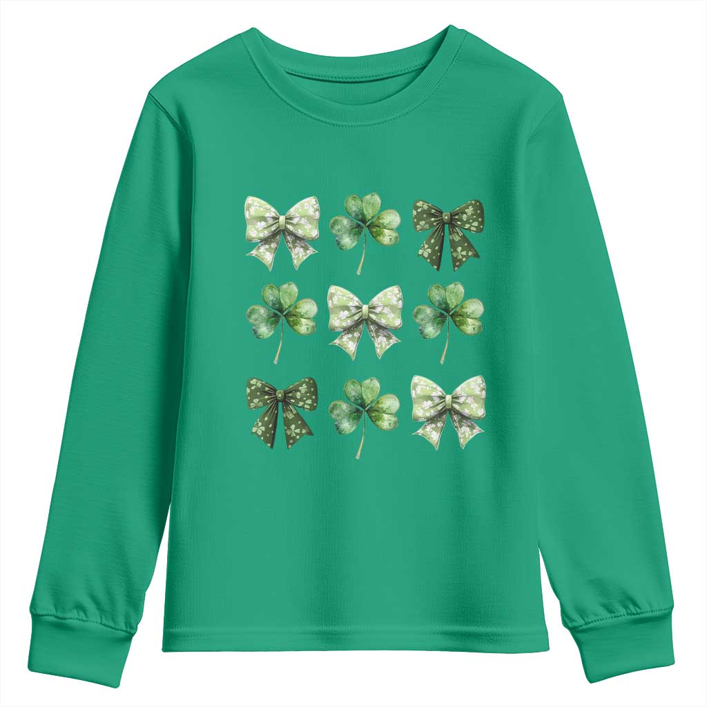 St Patricks Day Coquette Bow Youth Sweatshirt Lucky Shamrock Aesthetic