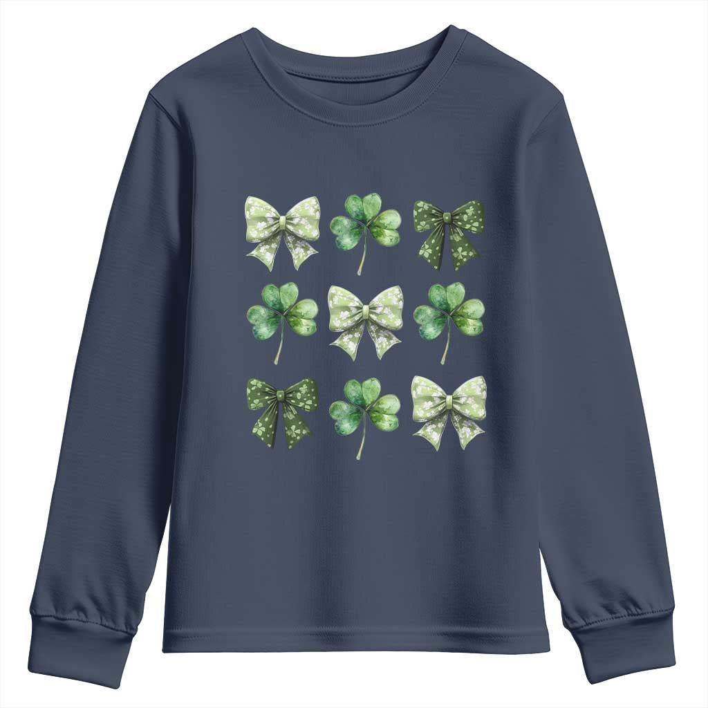 St Patricks Day Coquette Bow Youth Sweatshirt Lucky Shamrock Aesthetic
