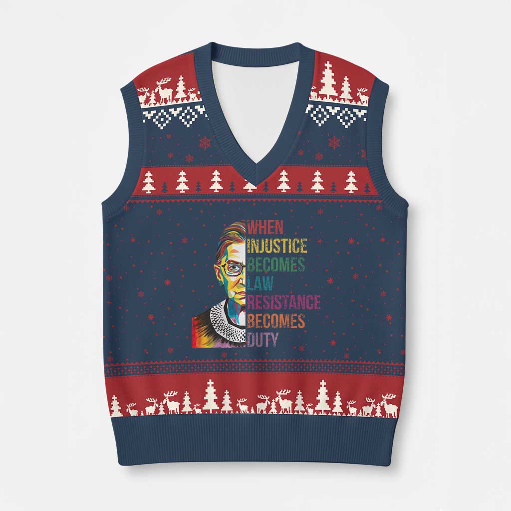 RBG Quote V-Neck Knit Sweater Vest When Injustice Becomes Law Resistance Becomes Duty - Wonder Print Shop