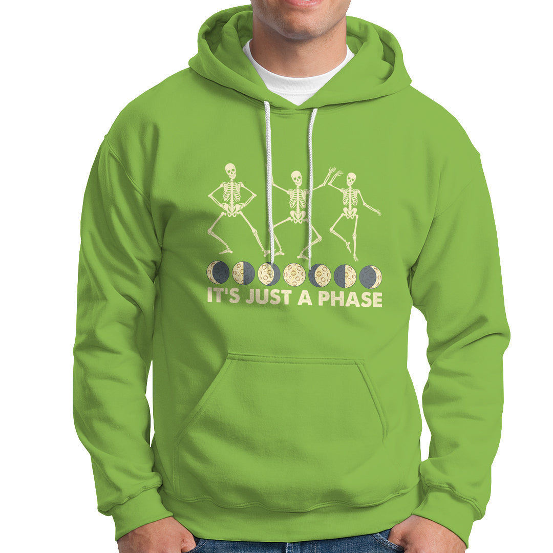 Lime green hoodie with moon-phase skeleton dancers graphic and 'It's Just A Phase' text