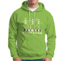 Lime green hoodie with moon-phase skeleton dancers graphic and 'It's Just A Phase' text