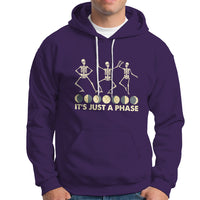 Purple hoodie with moon-phase skeleton dancers graphic and 'It's Just A Phase' text