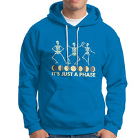 Royal blue hoodie with moon-phase skeleton dancers graphic and 'It's Just A Phase' text