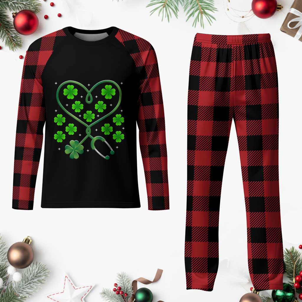 Funny Nurse St Patricks Day Plaid Pajama Set Nursing Stethoscope Green Clover Shamrock - Wonder Print Shop