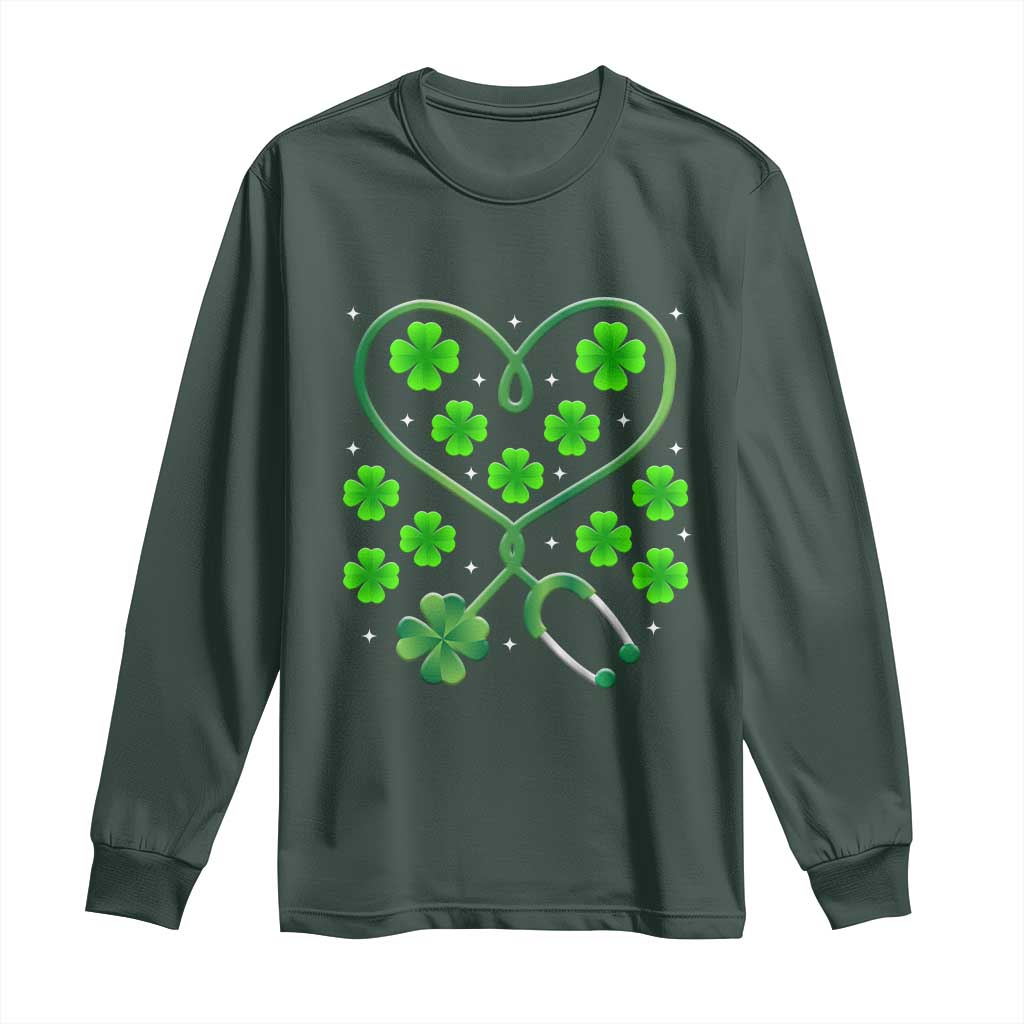 Funny Nurse St Patricks Day Long Sleeve Shirt Nursing Stethoscope Green Clover Shamrock