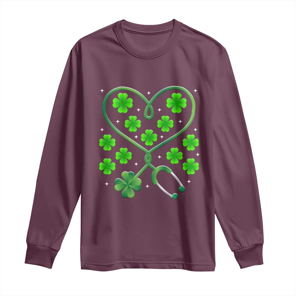 Funny Nurse St Patricks Day Long Sleeve Shirt Nursing Stethoscope Green Clover Shamrock