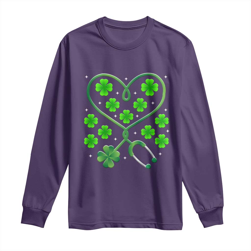 Funny Nurse St Patricks Day Long Sleeve Shirt Nursing Stethoscope Green Clover Shamrock