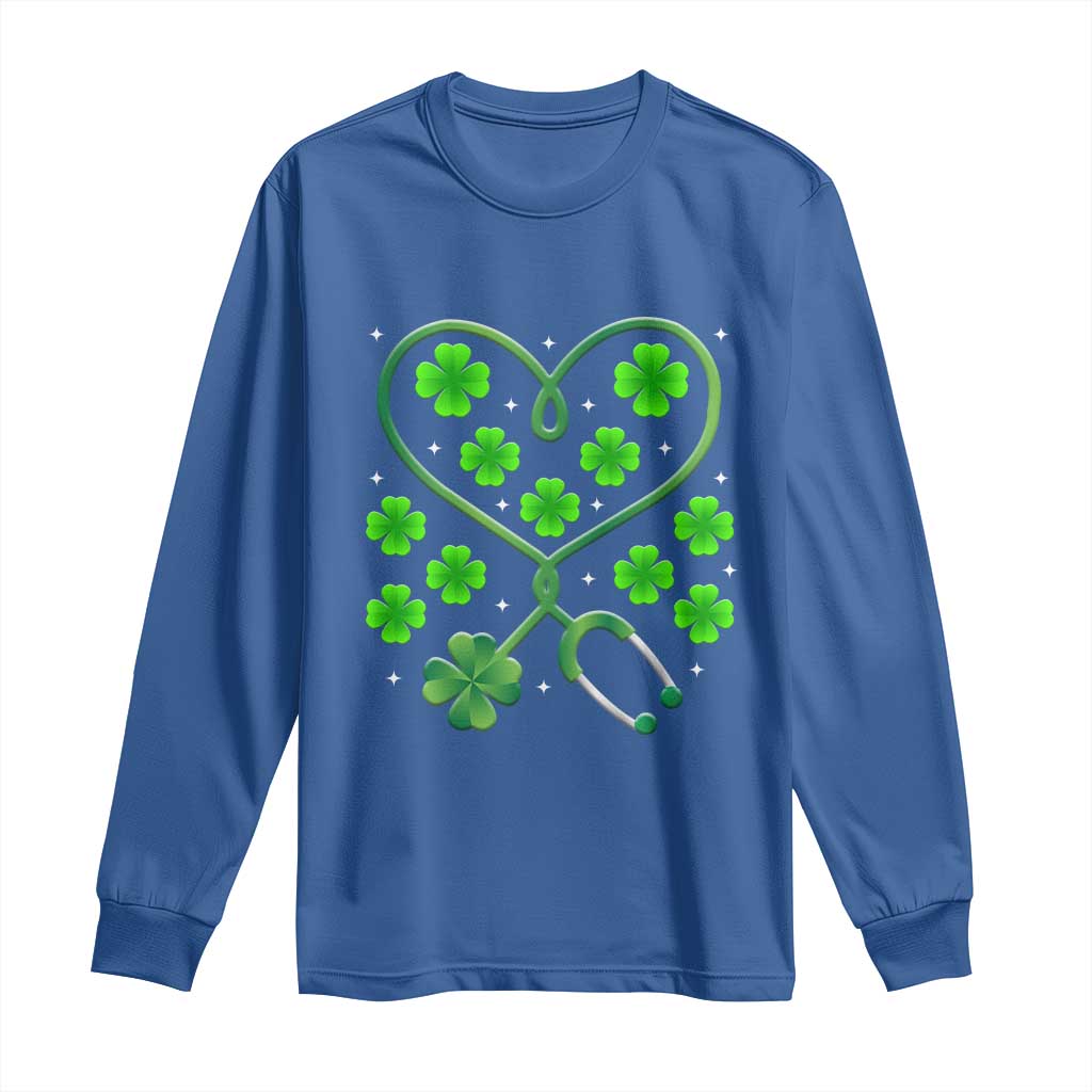 Funny Nurse St Patricks Day Long Sleeve Shirt Nursing Stethoscope Green Clover Shamrock