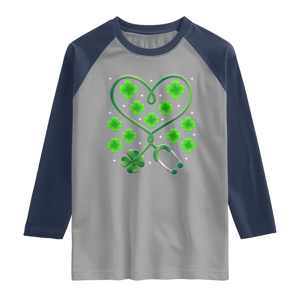 Funny Nurse St Patricks Day Raglan Shirt Nursing Stethoscope Green Clover Shamrock