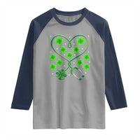 Funny Nurse St Patricks Day Raglan Shirt Nursing Stethoscope Green Clover Shamrock