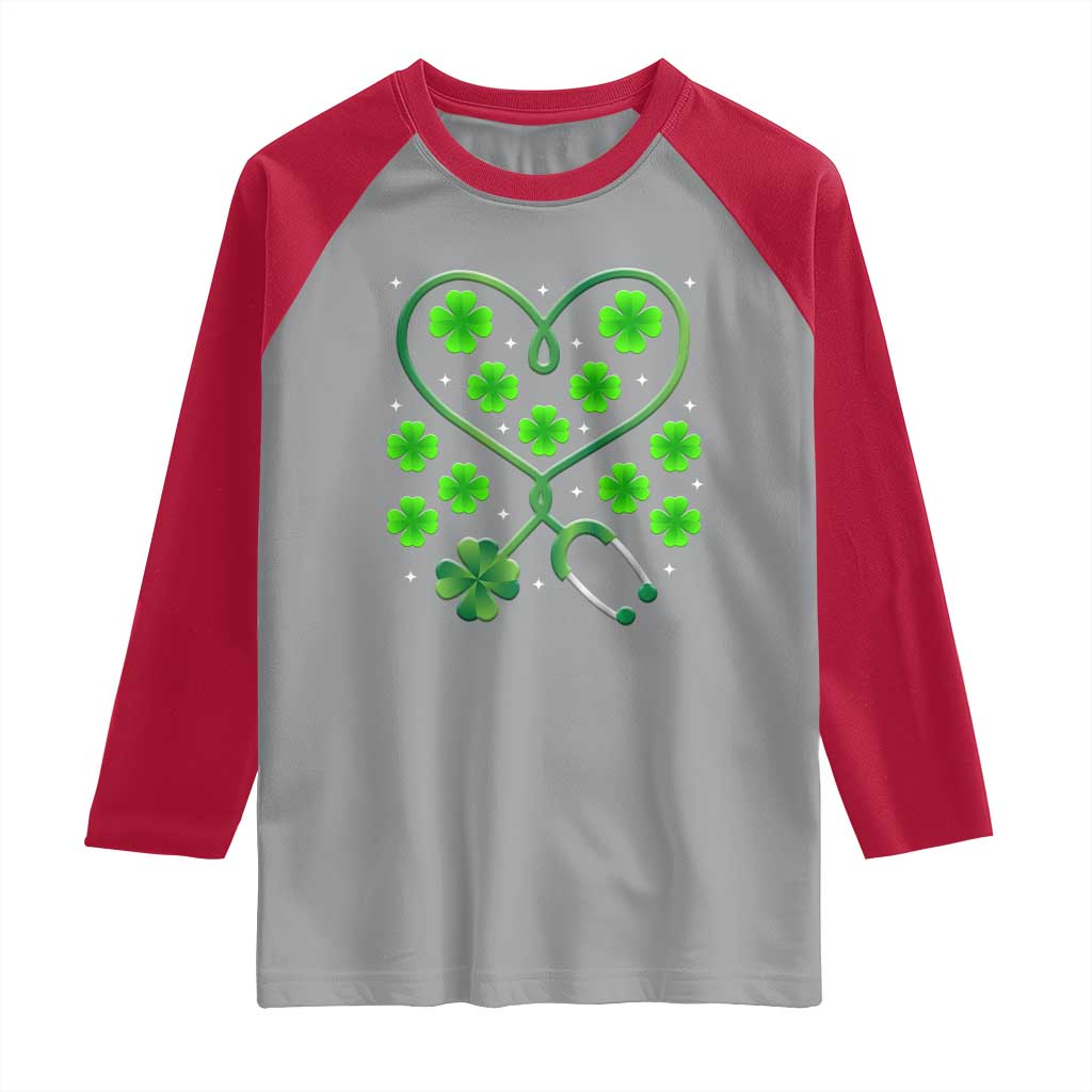 Funny Nurse St Patricks Day Raglan Shirt Nursing Stethoscope Green Clover Shamrock