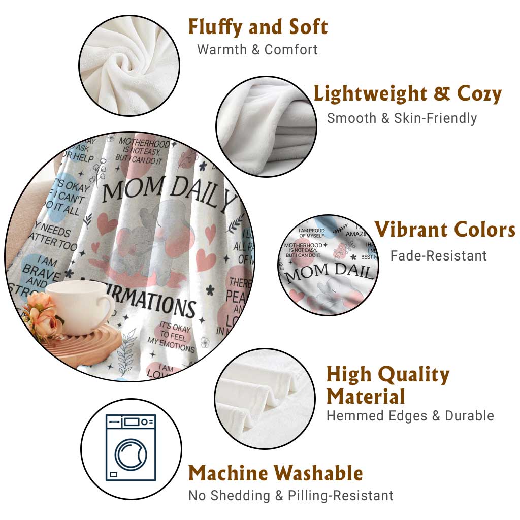 Mom Daily Affirmations Throw Blanket Cute Elephant Inspirational Motherhood Gift Mother's Day