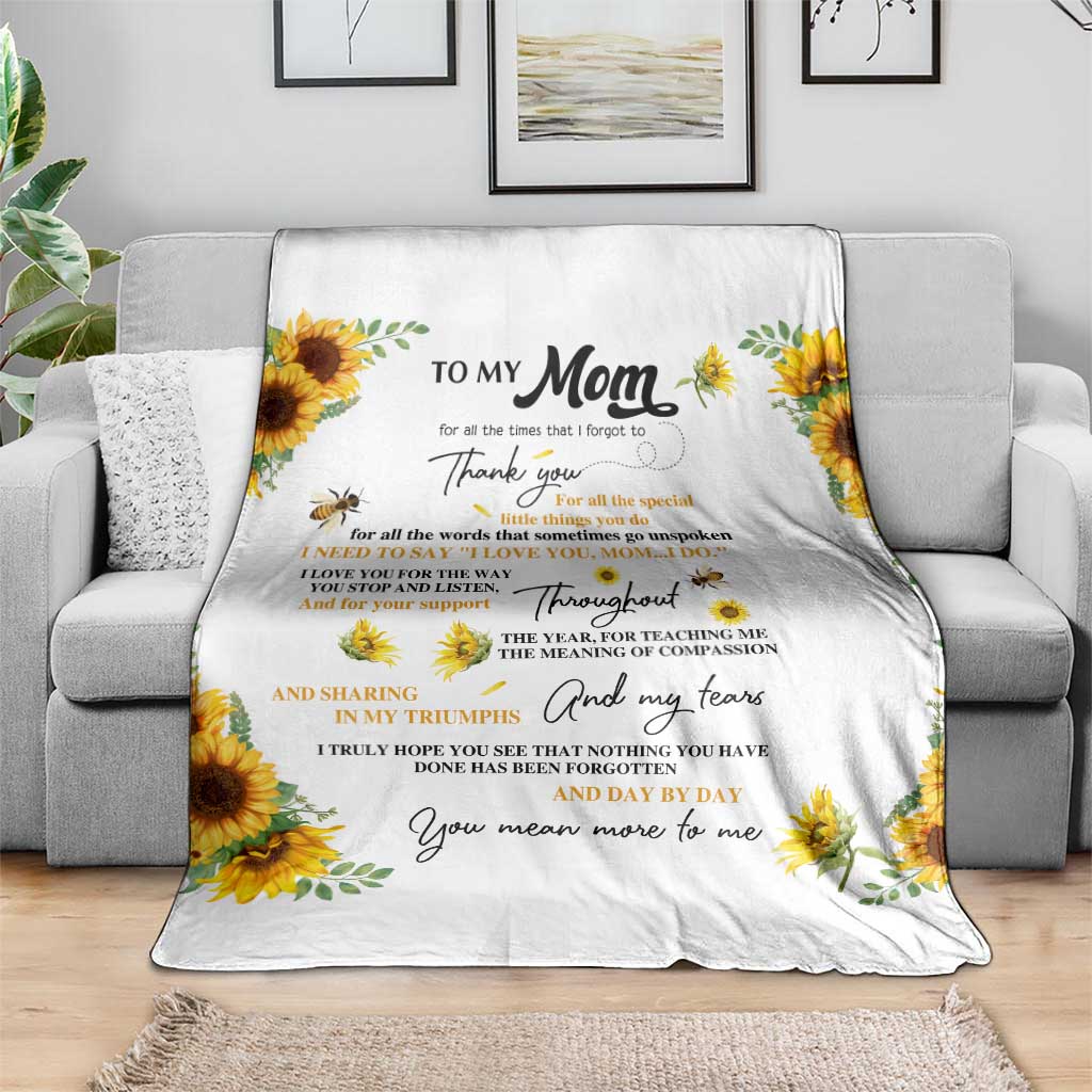 To My Mom Sunflower and Bee Throw Blanket Thank You For All The Special Things Love Message Botanical Gift for Mother's Day