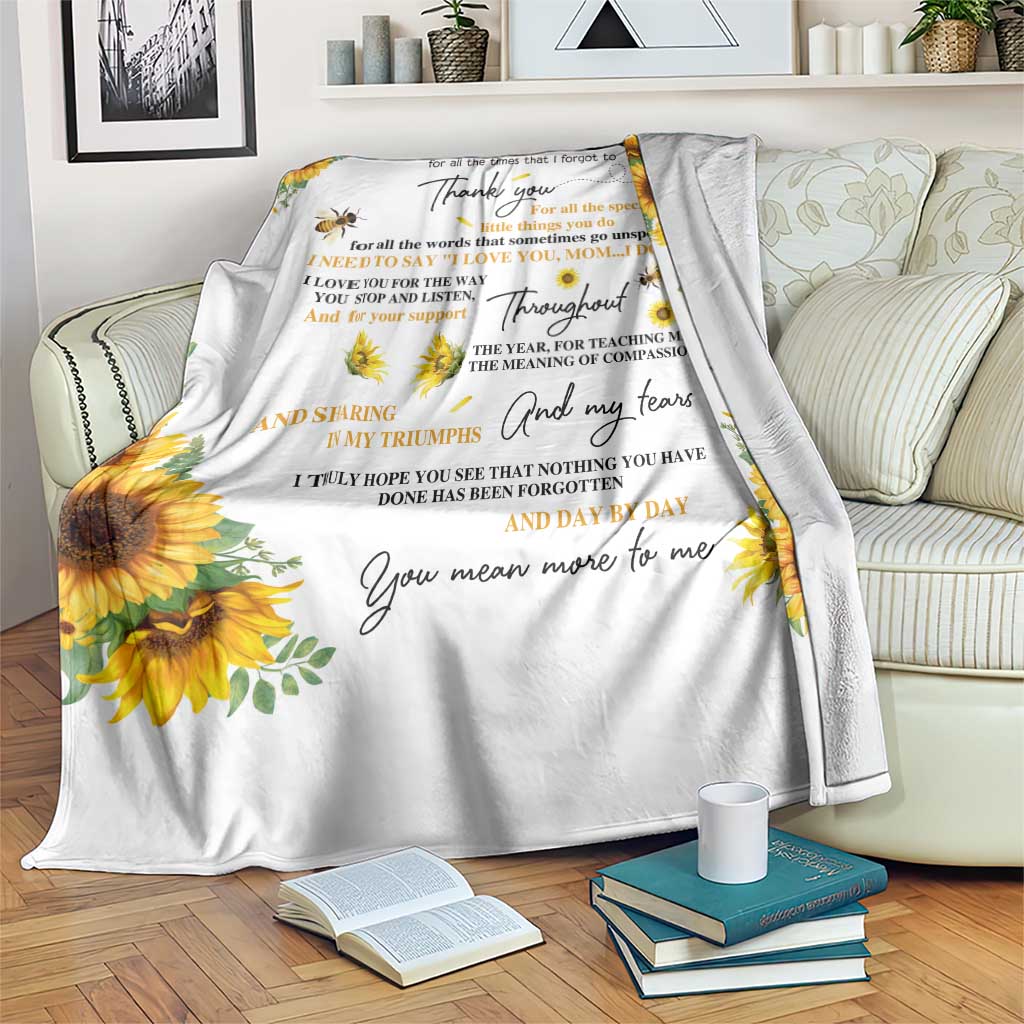 To My Mom Sunflower and Bee Throw Blanket Thank You For All The Special Things Love Message Botanical Gift for Mother's Day
