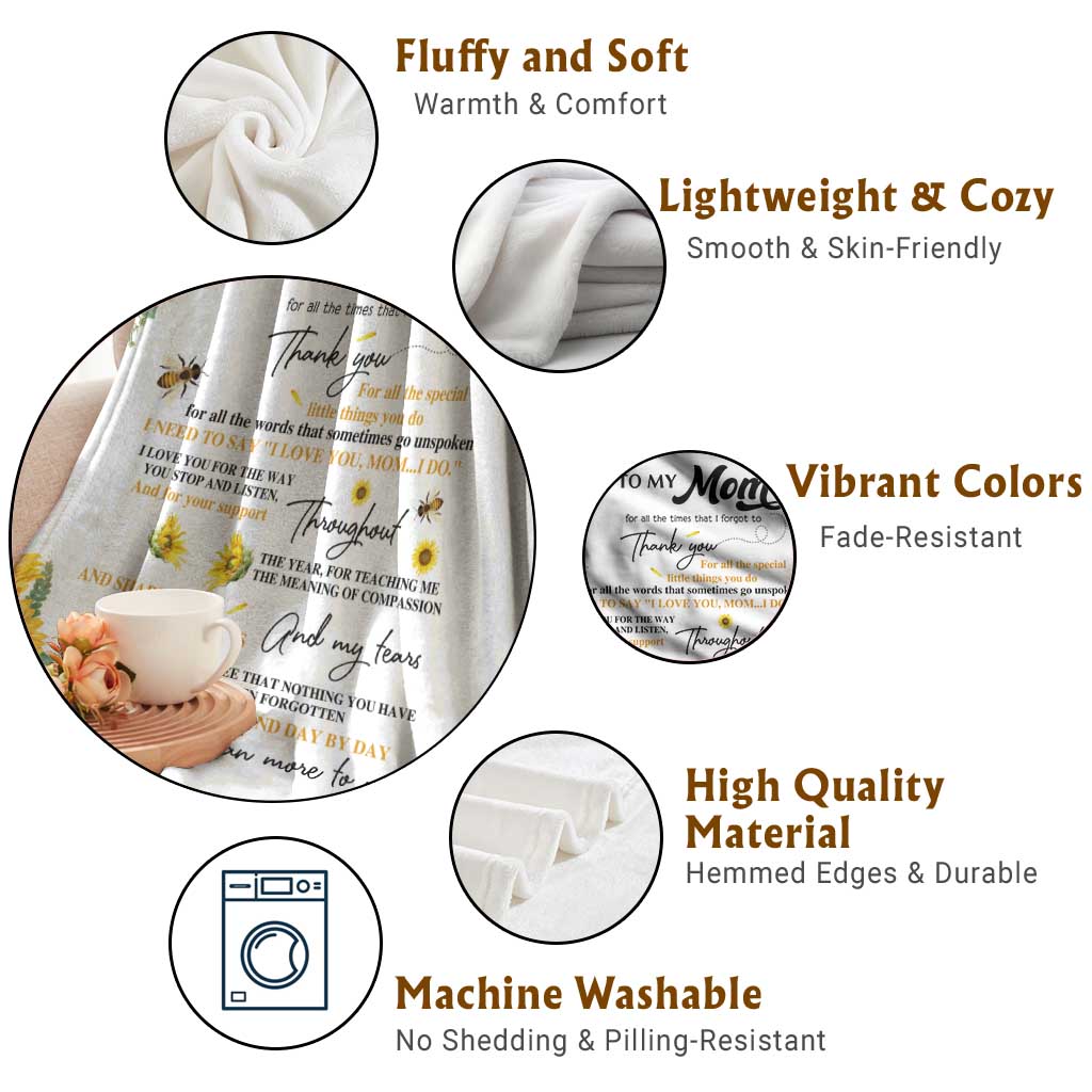 To My Mom Sunflower and Bee Throw Blanket Thank You For All The Special Things Love Message Botanical Gift for Mother's Day