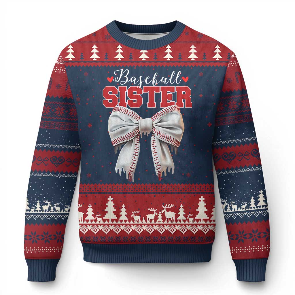 Baseball Sister Ugly Christmas Sweater Soft Ball Game Day Dripping Ice Cream Coquette Bow - Wonder Print Shop