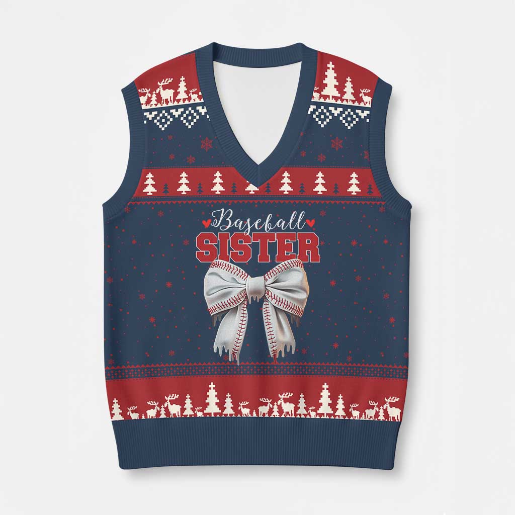 Baseball Sister V-Neck Knit Sweater Vest Soft Ball Game Day Dripping Ice Cream Coquette Bow - Wonder Print Shop