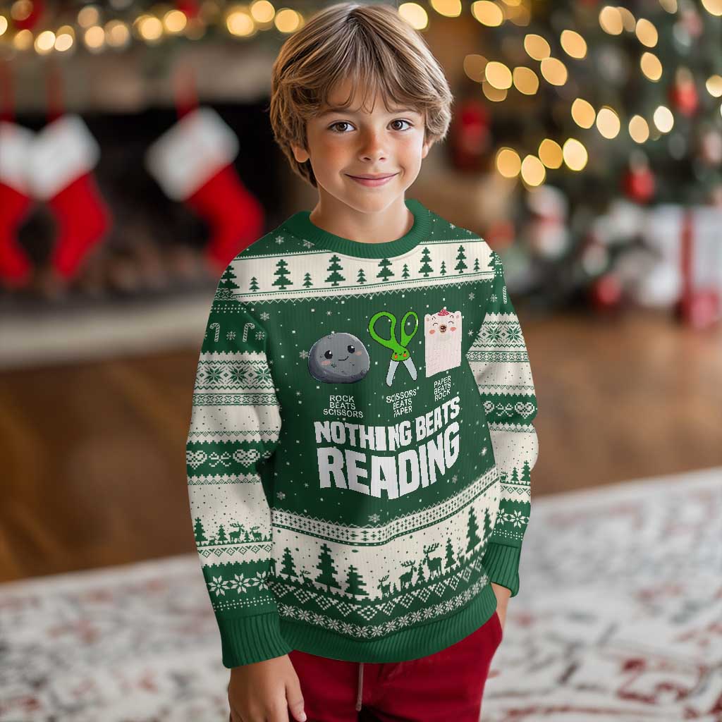 Nothing Beats Reading Ugly Christmas Sweater Rock Paper Scissors Read Book Lovers - Wonder Print Shop