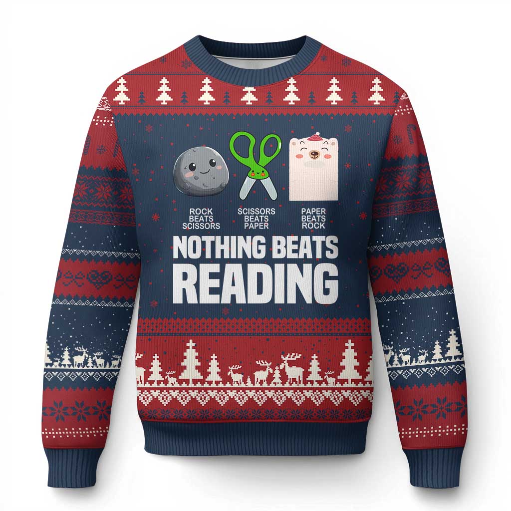 Nothing Beats Reading Ugly Christmas Sweater Rock Paper Scissors Read Book Lovers - Wonder Print Shop