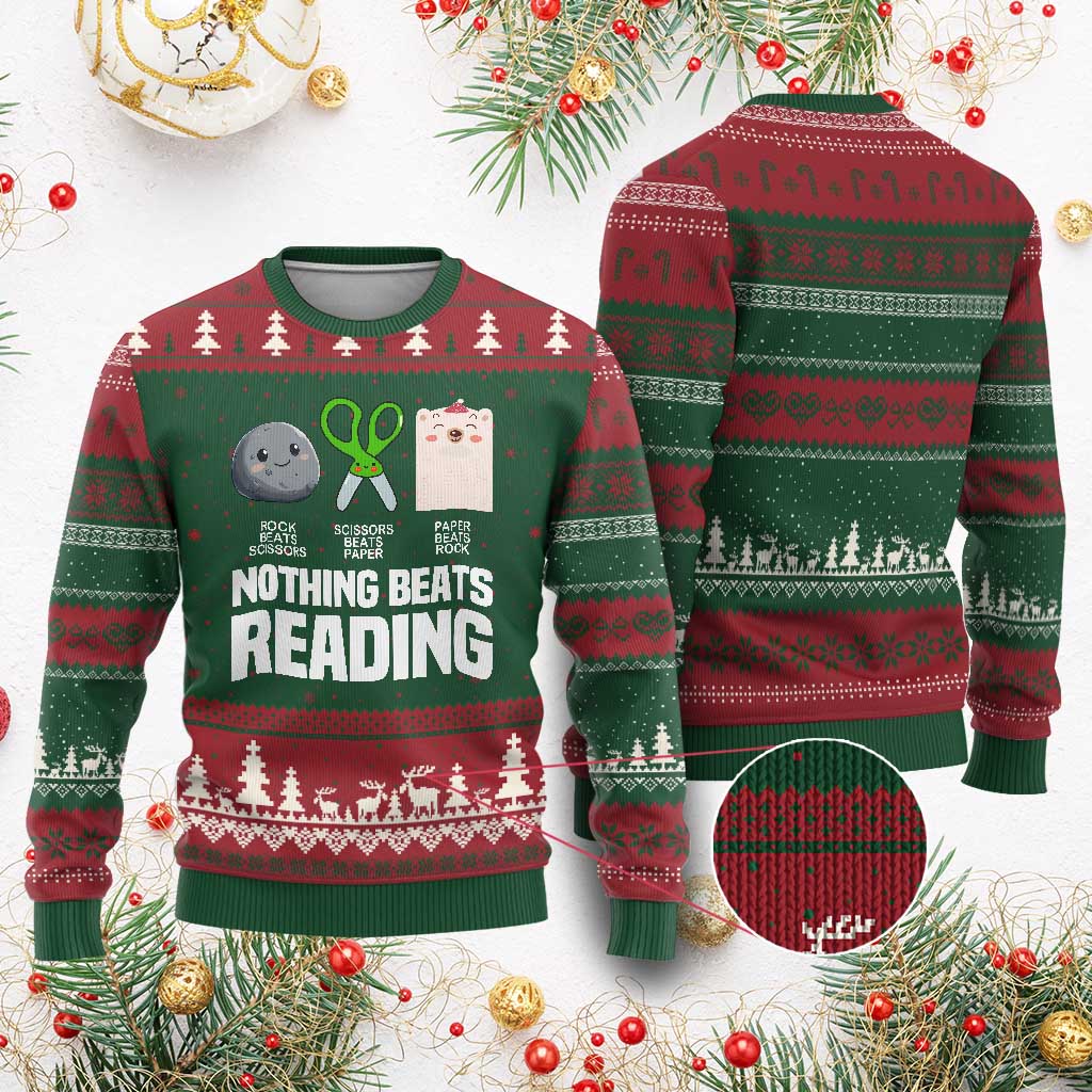 Nothing Beats Reading Ugly Christmas Sweater Rock Paper Scissors Read Book Lovers - Wonder Print Shop