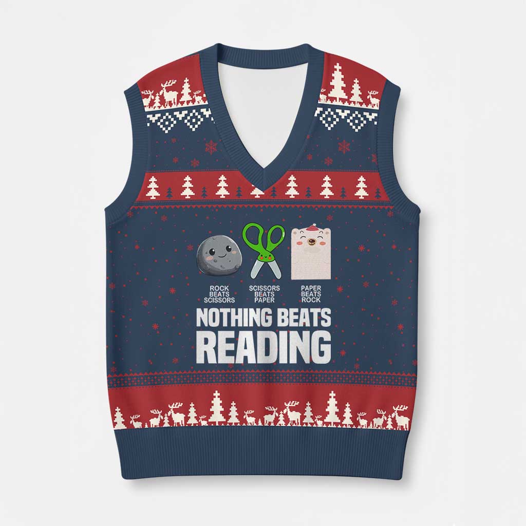 Nothing Beats Reading V-Neck Knit Sweater Vest Rock Paper Scissors Read Book Lovers - Wonder Print Shop