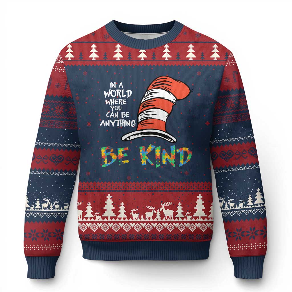 Autism Awareness Ugly Christmas Sweater Why Fit In When You Were Born To Stand Out Cat In Hat - Wonder Print Shop