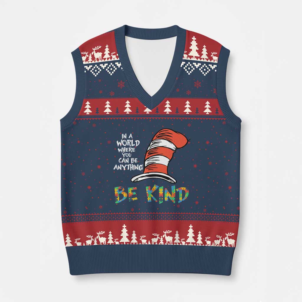 Autism Awareness V-Neck Knit Sweater Vest Why Fit In When You Were Born To Stand Out Cat In Hat - Wonder Print Shop