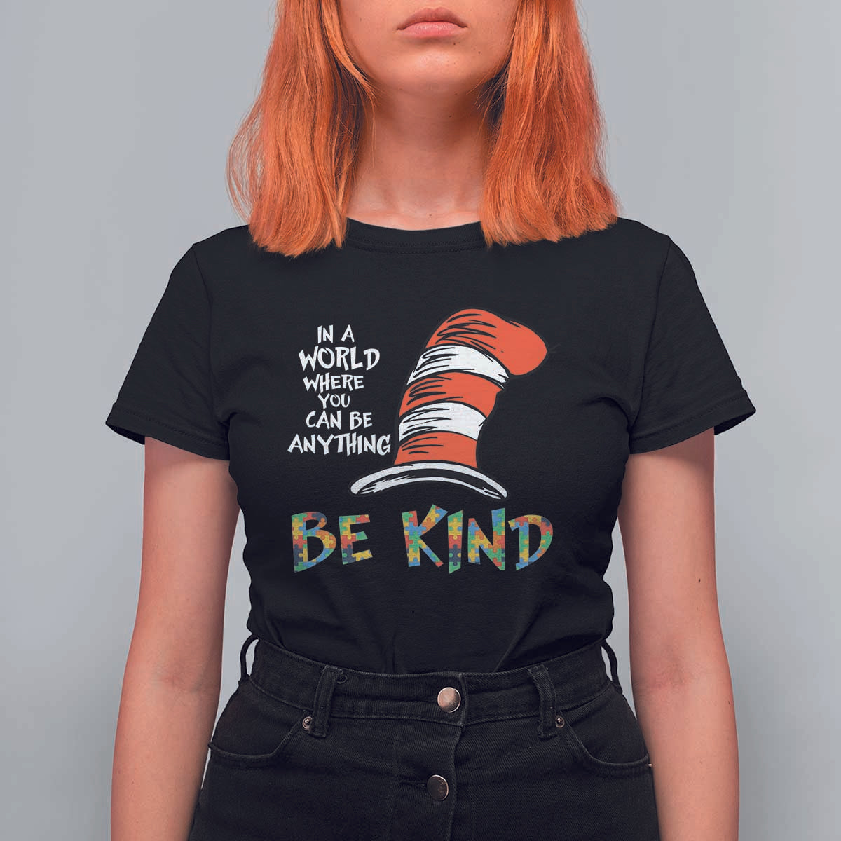 Autism Awareness T Shirt For Women Why Fit In When You Were Born To Stand Out Cat In Hat