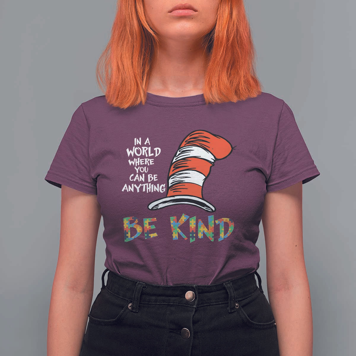 Autism Awareness T Shirt For Women Why Fit In When You Were Born To Stand Out Cat In Hat